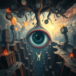 A surreal and dreamlike scene where the ground cracks open, revealing a massive eye at its center