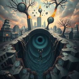 A surreal and dreamlike scene where the ground cracks open, revealing a massive eye at its center