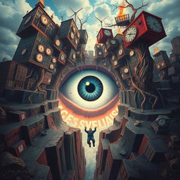 A surreal and dreamlike scene where the ground cracks open, revealing a massive eye at its center