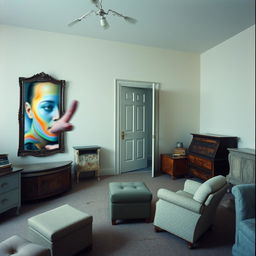 A surreal room where furniture is arranged in impossible angles, defying logic and gravity