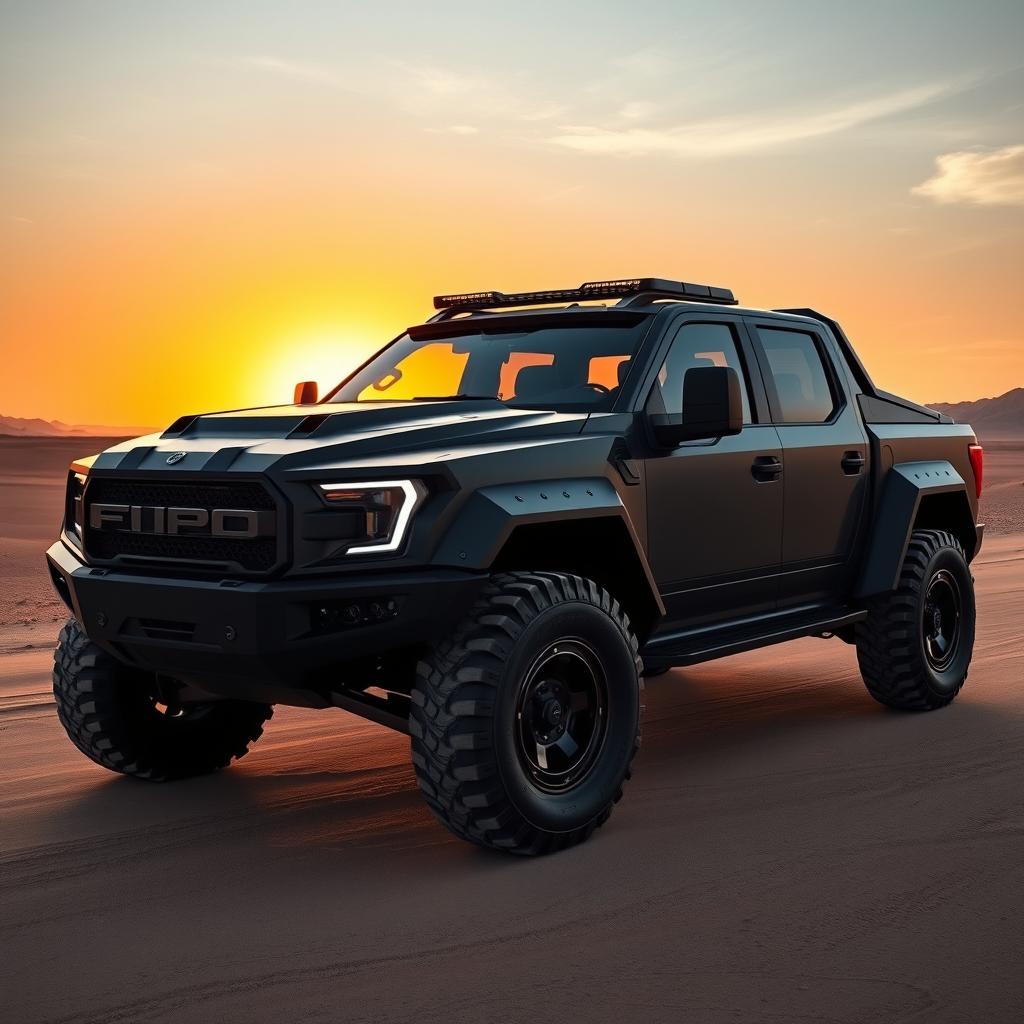 A futuristic military armored pickup truck with a sleek design and advanced technology