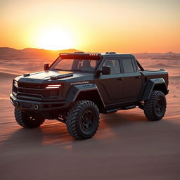 A futuristic military armored pickup truck with a sleek design and advanced technology