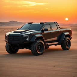 A futuristic military armored pickup truck with a sleek design and advanced technology