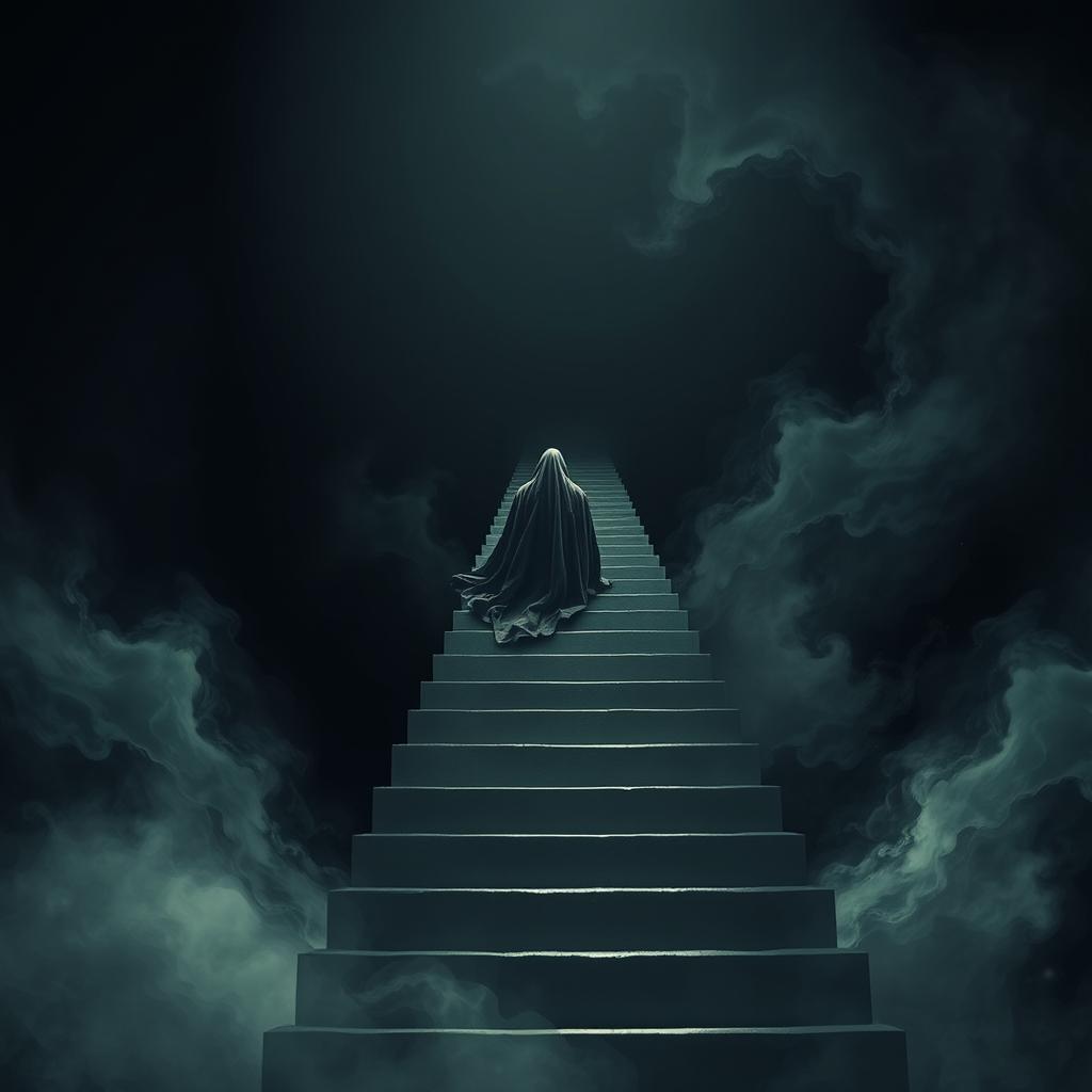 A surreal scene depicting a staircase leading up into a dark, ominous void