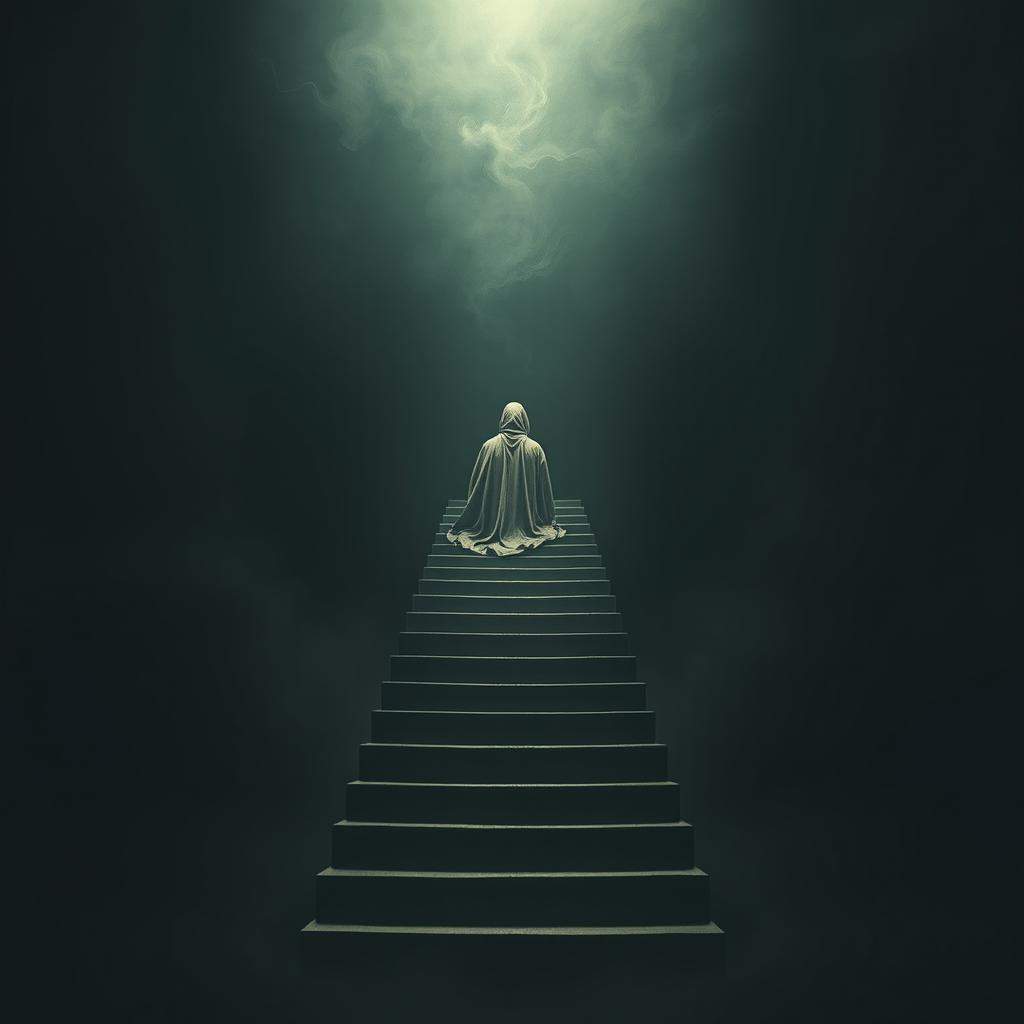 A surreal scene depicting a staircase leading up into a dark, ominous void