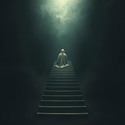 A surreal scene depicting a staircase leading up into a dark, ominous void