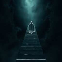 A surreal scene depicting a staircase leading up into a dark, ominous void