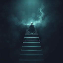 A surreal scene depicting a staircase leading up into a dark, ominous void