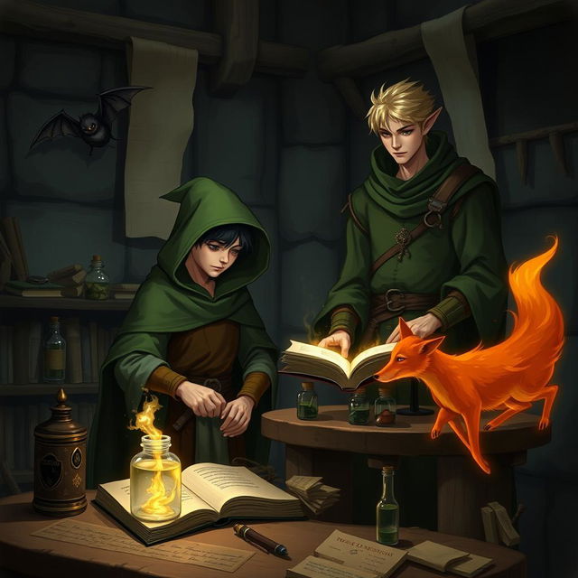 In a dark, minimalist medieval alchemy room, a young adult human mage with black hair wears a green hooded cloak and cloth clothing, deeply engaged in potion-making