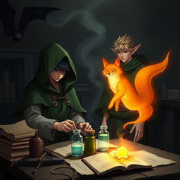 In a dark, minimalist medieval alchemy room, a young adult human mage with black hair wears a green hooded cloak and cloth clothing, deeply engaged in potion-making