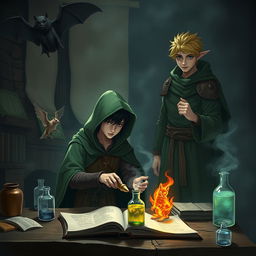 In a dark, minimalist medieval alchemy room, a young adult human mage with black hair wears a green hooded cloak and cloth clothing, deeply engaged in potion-making