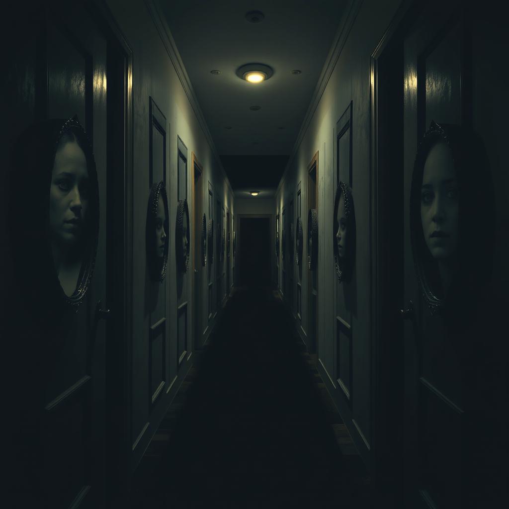 A surreal and eerie hallway emerging from creaking doors, with blackened mirrors on the walls that reflect distorted versions of a person