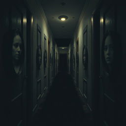 A surreal and eerie hallway emerging from creaking doors, with blackened mirrors on the walls that reflect distorted versions of a person