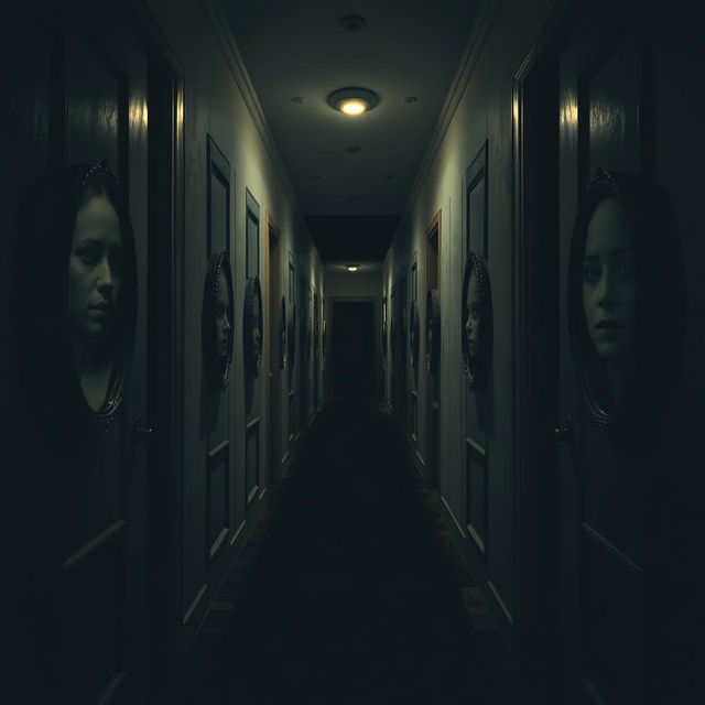 A surreal and eerie hallway emerging from creaking doors, with blackened mirrors on the walls that reflect distorted versions of a person