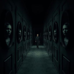 A surreal and eerie hallway emerging from creaking doors, with blackened mirrors on the walls that reflect distorted versions of a person