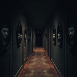 A surreal and eerie hallway emerging from creaking doors, with blackened mirrors on the walls that reflect distorted versions of a person