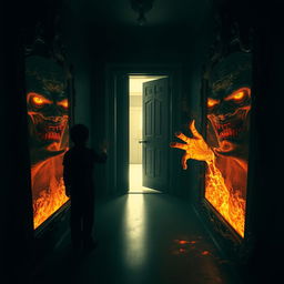 A hauntingly surreal scene inside a dimly lit hallway, at the far end a seemingly normal wooden door