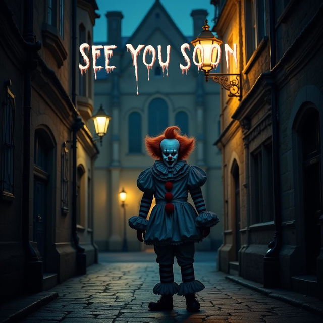 Pennywise the Dancing Clown standing in a dark alley at Oxford University at night, with classic Gothic architecture visible in the background