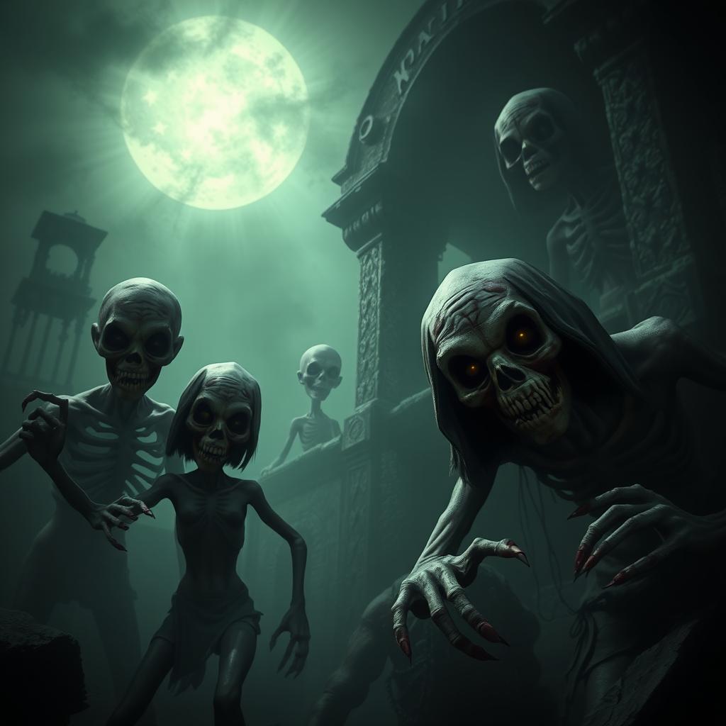 macabre figures from a horror game, featuring eerie characters with unsettling expressions, grotesque features, and dark, shadowy backgrounds