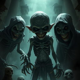 macabre figures from a horror game, featuring eerie characters with unsettling expressions, grotesque features, and dark, shadowy backgrounds