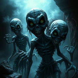 macabre figures from a horror game, featuring eerie characters with unsettling expressions, grotesque features, and dark, shadowy backgrounds