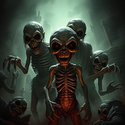 macabre figures from a horror game, featuring eerie characters with unsettling expressions, grotesque features, and dark, shadowy backgrounds