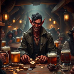 In a bustling medieval tavern, a skinny red tiefling male with black hair smiles warmly, dressed in stylish leather attire complemented by a leather trench coat