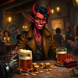 In a bustling medieval tavern, a skinny red tiefling male with black hair smiles warmly, dressed in stylish leather attire complemented by a leather trench coat