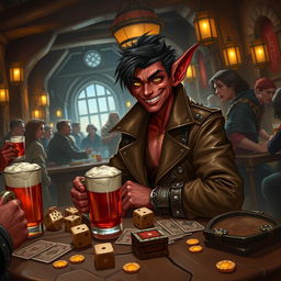 In a bustling medieval tavern, a skinny red tiefling male with black hair smiles warmly, dressed in stylish leather attire complemented by a leather trench coat