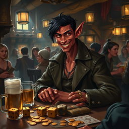 In a bustling medieval tavern, a skinny red tiefling male with black hair smiles warmly, dressed in stylish leather attire complemented by a leather trench coat