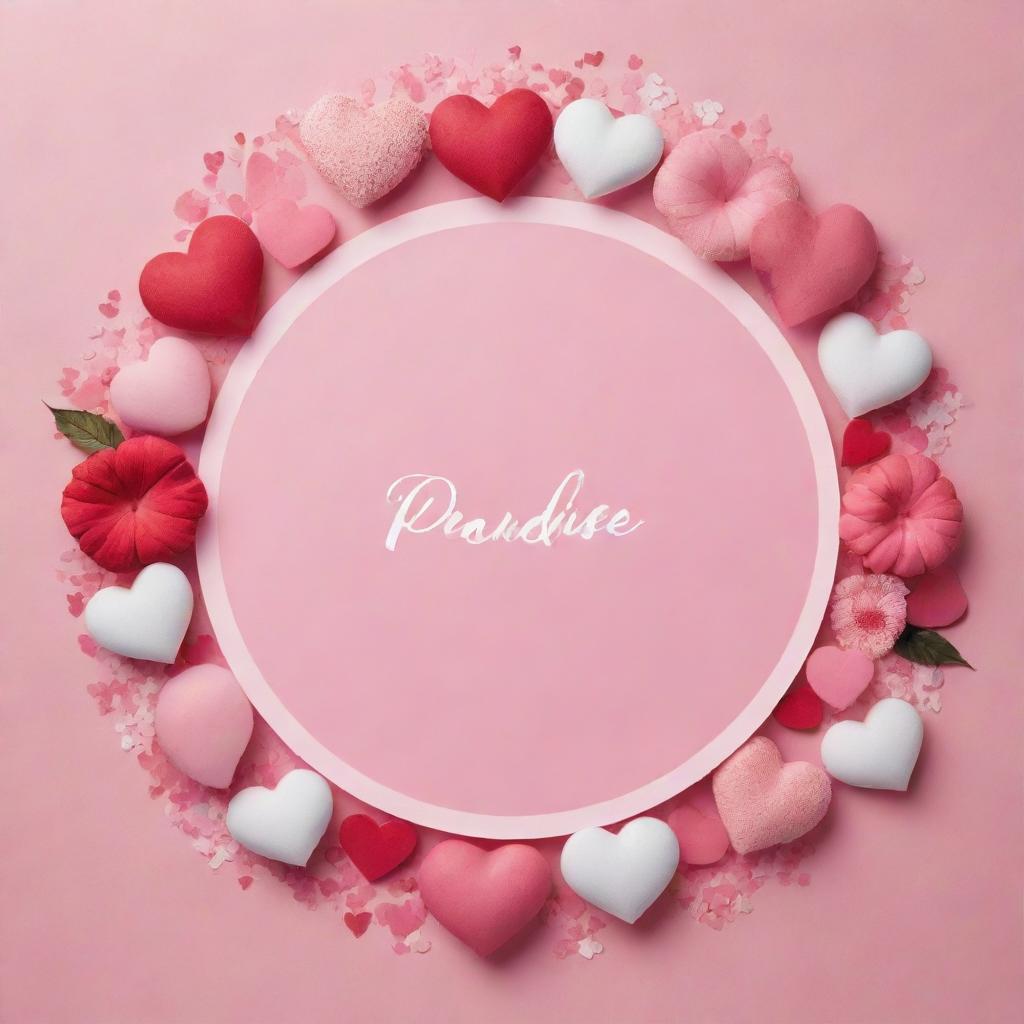 Create an epic poster with the theme 'Paradise of Love'. Place a pink circle at the center, surrounded by many hearts. The color scheme revolves around shades of pink, white, and red