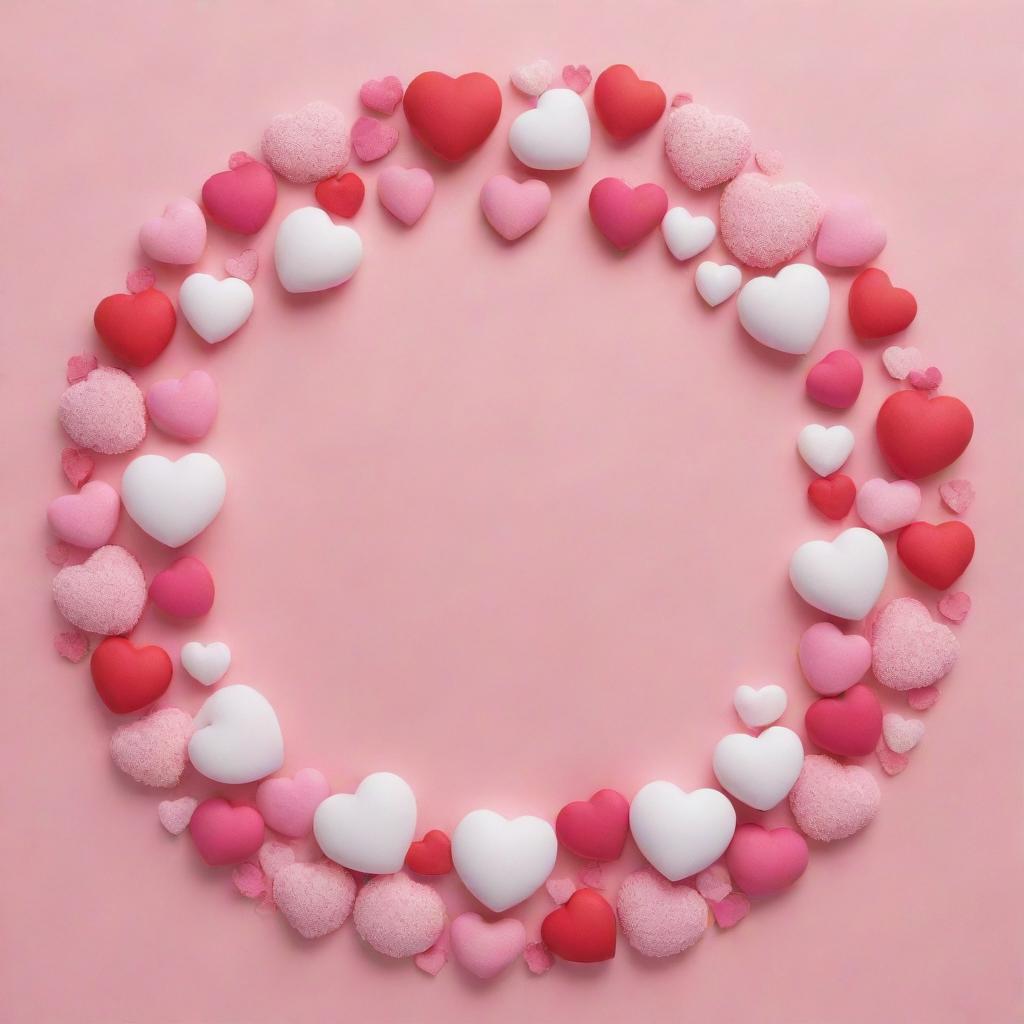 Create an epic poster with the theme 'Paradise of Love'. Place a pink circle at the center, surrounded by many hearts. The color scheme revolves around shades of pink, white, and red