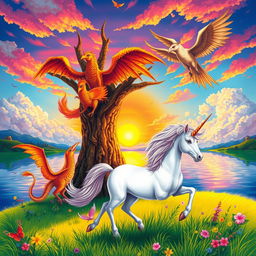 A magical and enchanting illustration featuring a variety of mythological animals in a harmonious setting