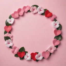 Create an epic poster with the theme 'Paradise of Love'. Place a pink circle at the center, surrounded by many hearts. The color scheme revolves around shades of pink, white, and red