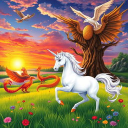 A magical and enchanting illustration featuring a variety of mythological animals in a harmonious setting