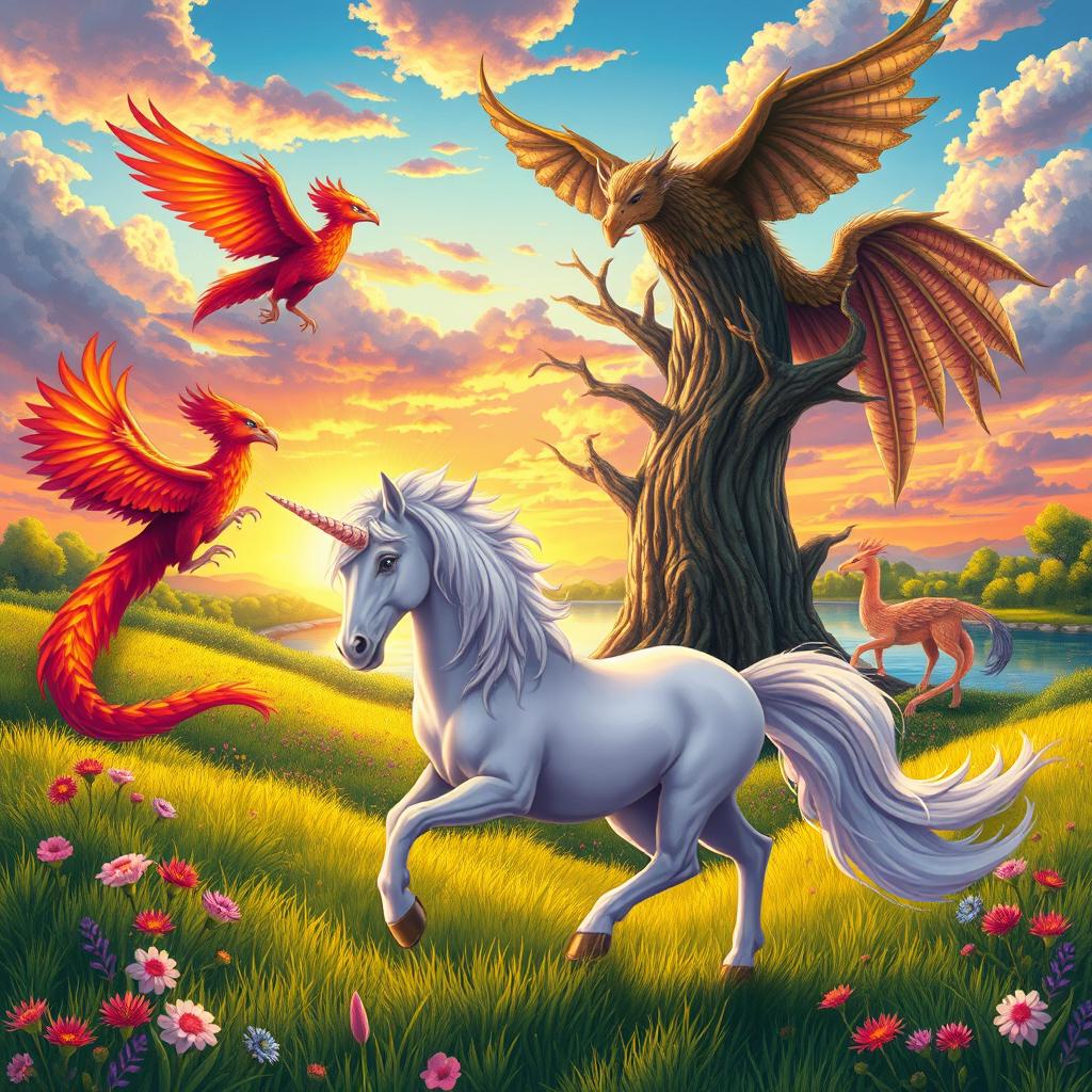 A magical and enchanting illustration featuring a variety of mythological animals in a harmonious setting