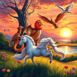 A magical and enchanting illustration featuring a variety of mythological animals in a harmonious setting