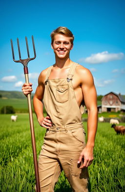 A young, fit farmer dressed in stylish overalls, standing confidently in a picturesque farm setting