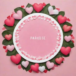 Create an epic poster with the theme 'Paradise of Love'. Place a pink circle at the center, surrounded by many hearts. The color scheme revolves around shades of pink, white, and red