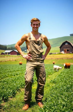 A young, fit farmer dressed in stylish overalls, standing confidently in a picturesque farm setting