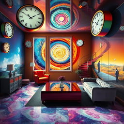 A surreal room with floating furniture, melting clocks inspired by Salvador Dalí, a window view of a swirling galaxy, vibrant colors blending together, reflections in impossible angles, Escher-like staircases leading nowhere, and transparent walls showing whimsical landscapes