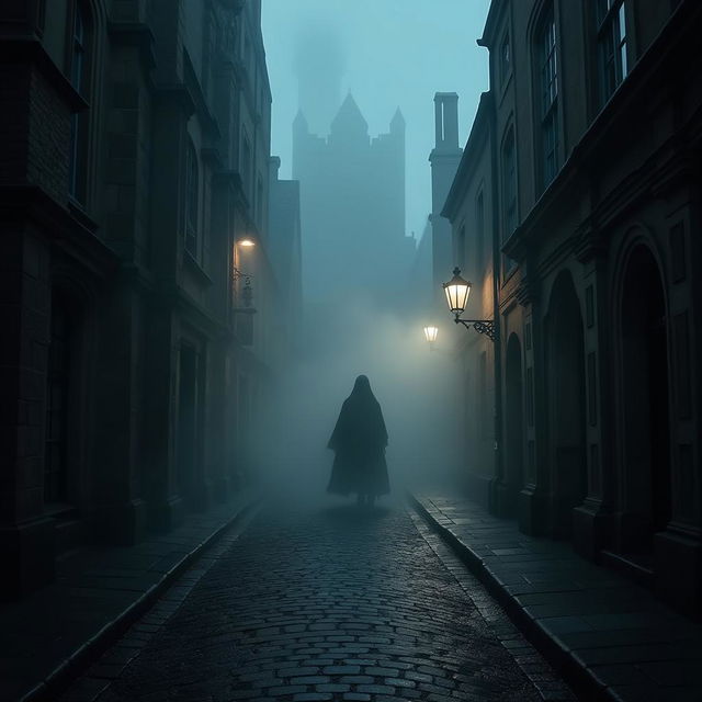 A dimly lit cobbled street in Oxford University, mysterious and atmospheric, with an eerie fog enveloping the scene