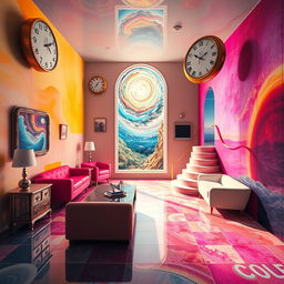 A surreal room with floating furniture, melting clocks inspired by Salvador Dalí, a window view of a swirling galaxy, vibrant colors blending together, reflections in impossible angles, Escher-like staircases leading nowhere, and transparent walls showing whimsical landscapes