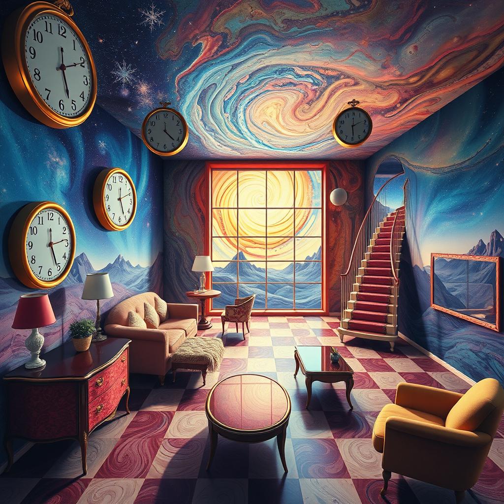 A surreal room with floating furniture, melting clocks inspired by Salvador Dalí, a window view of a swirling galaxy, vibrant colors blending together, reflections in impossible angles, Escher-like staircases leading nowhere, and transparent walls showing whimsical landscapes