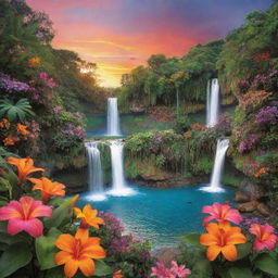 A vibrant paradise brimming with colorful flowers, lush greenery, tranquil waterfalls, and heart-shaped formations under a warm sunset sky, embodying a theme of love and tranquility.