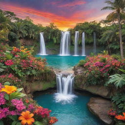 A vibrant paradise brimming with colorful flowers, lush greenery, tranquil waterfalls, and heart-shaped formations under a warm sunset sky, embodying a theme of love and tranquility.