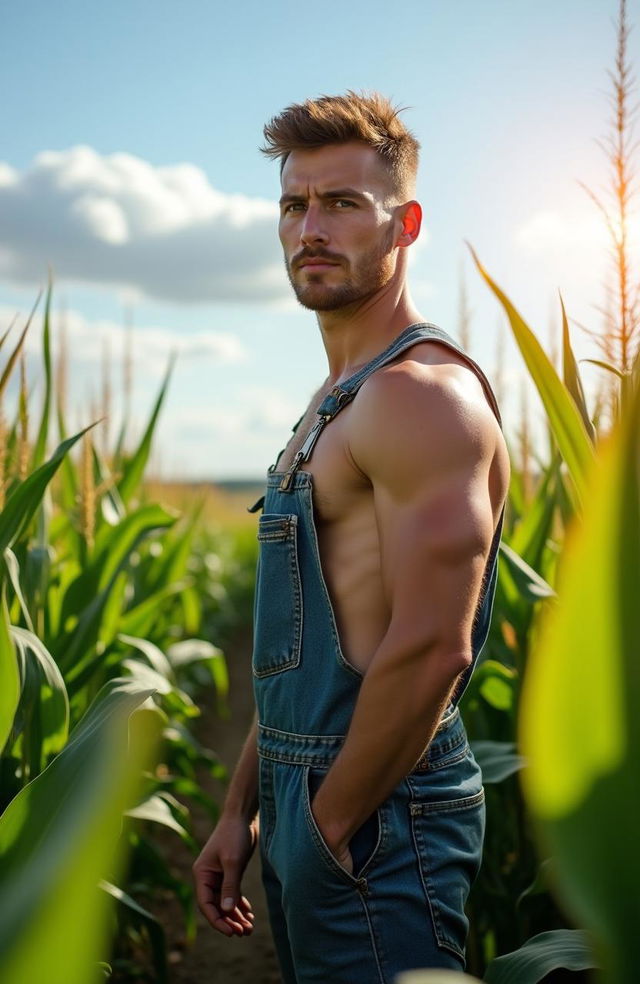 A young fit farmer standing confidently in a cornfield, wearing rugged overalls