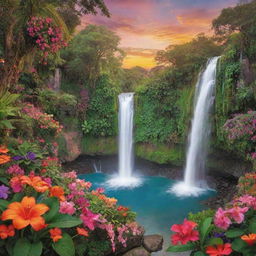 A vibrant paradise brimming with colorful flowers, lush greenery, tranquil waterfalls, and heart-shaped formations under a warm sunset sky, embodying a theme of love and tranquility.