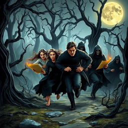 A fantasy book cover depicting a family being chased by a satanic cult after discovering a mysterious ancient scroll