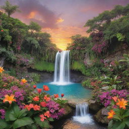 A vibrant paradise brimming with colorful flowers, lush greenery, tranquil waterfalls, and heart-shaped formations under a warm sunset sky, embodying a theme of love and tranquility.